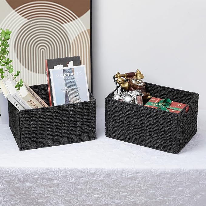 Wicker Storage Basket, Set of 2 Hand-Woven Paper Rope Wicker Basket, Small Storage Baskets for Organizing Toilet Paper Baskets, Foldable Large Cube Storage Organizer Bin for Shelves (Black)