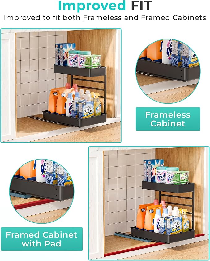 EVERIE Metal Pull Out Slide Shelf Organizer for Under Sink Organization in Kitchen, Bathroom, Counter, Cabinets, Minimum Available Space 13" Wide x 16.5" Deep (Black, 1 Set)