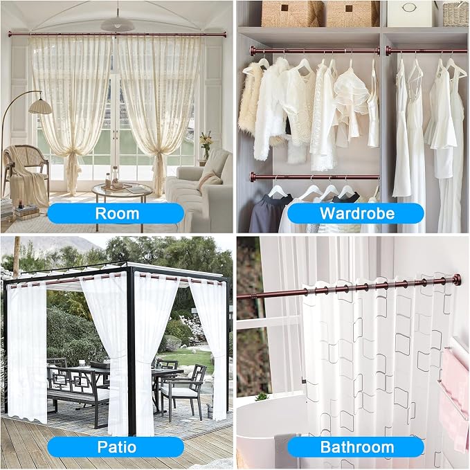 TEECK Shower Curtain Rod, 32-80 inch Adjustable Spring Tension Curtain Rod, Never Rust Anti-Slip Shower Curtain Rod for Bathroom, No Drilling, Never Collapse, Easy to Use, Brown