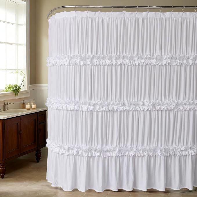 Extra Wide Shower Curtain 108"W x 72"L with 18 Buttonholes | Vintage Handcrafted Bow Tie Bath Curtain for Bathroom and Clawfoot Tub, Victorian Ruffle Bathroom Curtain, White (LQ-10)