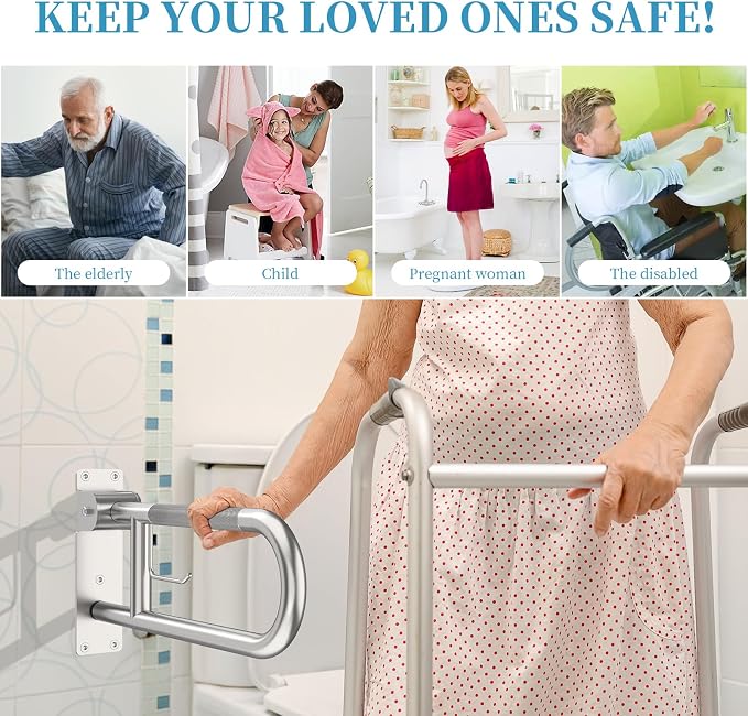 24 Inch Toilet Grab Bar, Munzong Flip-Up Handicap Bars with Paper Holder | Brushed Nickel Anti-Slip Bathroom Toilet Safety Rails Stainless Steel Knurled Support handrails for Seniors Elderly