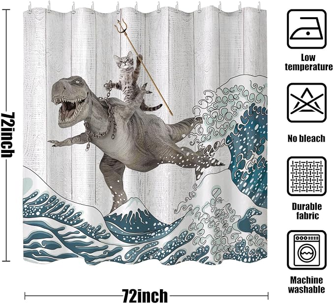 Fungarth Funny Cat Shower Curtain Dinosaur Ocean Sea Wave Shower Curtains for Bathroom Cool Waterproof Fabric Rustic Wooden Farmhouse Bath Curtain Decor with Hooks (Gray1, 72” x 72”)