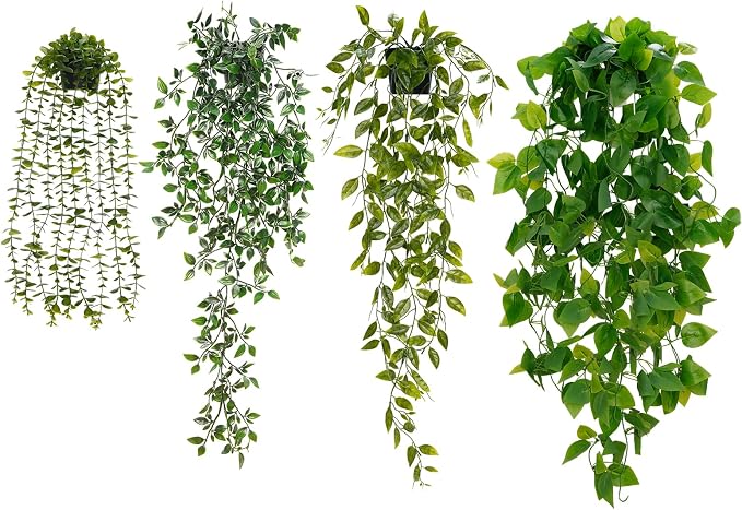 BLEUM CADE Fake Hanging Plants Mixed Set, 4pcs Artificial Hanging Plant, Faux Hanging Potted Plants Greenery for Wall Shelf Home Living Room Indoor Outdoor Decor
