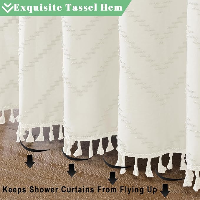 Extra Long Beige Boho Shower Curtain, Chic Tufted Chevron Striped Textured Cloth Fabric Shower Curtains with Tassel for Bathroom, Soft Hotel Style Farmhouse, Machine Washable, 72x96