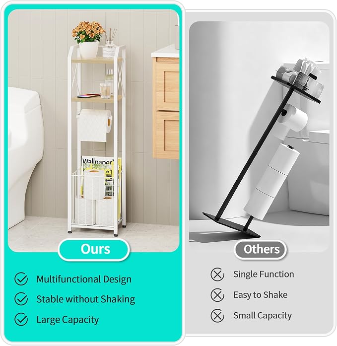 HapiRm Freestanding Toilet Paper Holder - 4-Tier Bathroom Tissue Organizer with Wood Shelves and Large Basket, Toilet Paper Holder Stand for Bathroom, Laundry Room, Apartment - White(Small)