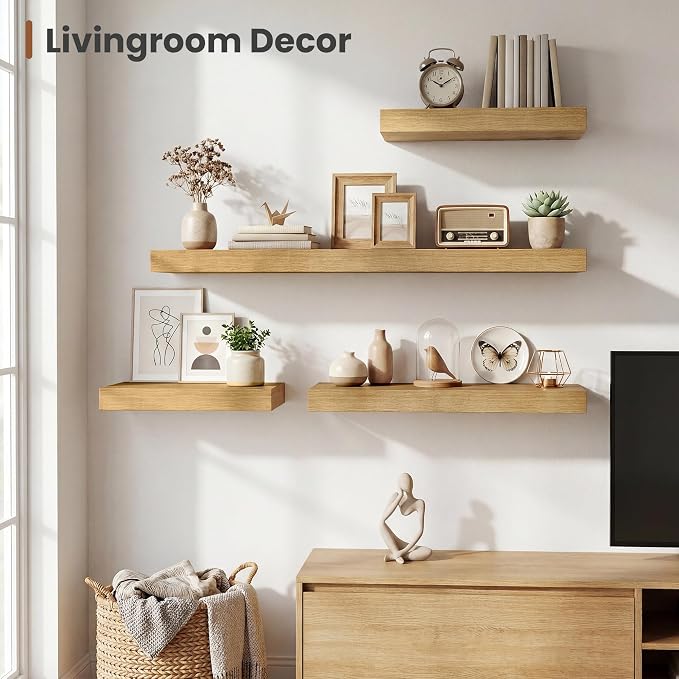 Vivelove 12" Deep Floating Shelves 24x12” Set of 2, Oak | Easy Install With Hardware, 2" Thick, Invisible Brackets, Wall Mounted, No Sagging, For Any Room