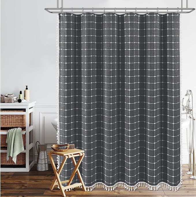 54x78 Boho Linen Heavy Duty Fabric Shower Curtain Set, Charcoal Gray | Narrow Long Size, 330GSM Linen Blend, 3-side Tassels, Waterproof Cloth, 10 Plastic Hooks, Rustic Bohemian, Machine Washable