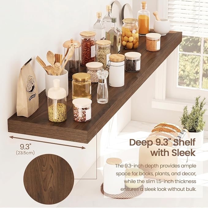 Vivelove Floating Shelves 9 inch Deep 40”Long Set of 2, Walnut | Easy Install With Hardware, 1.5" Thick, Invisible Brackets, Wall Mounted, No Sagging, For Any Room