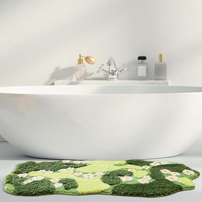 YIKUSH Moss Rug, Cute Green Plant Bath Mat with White Flowers, 43x20 Inch | Bathroom Decor Aesthetic, Soft Absorbent, Quick Dry, Machine Washable, Non Slip Bath Mat for Bedroom Shower Floor Home Decor