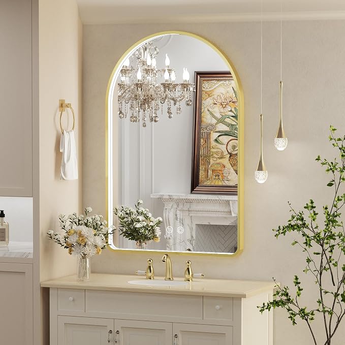 40X30 Inch Gold Framed Arched LED Mirror for Bathroom,ETL Listed | Anti-Fog,3000K/4500K/6000K Dimmable,Horizontal & Vertical,Wall Mounted,Memory Function,Ideal for Bathroom,Vanity