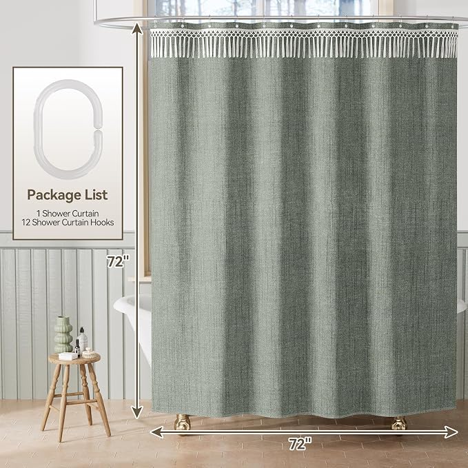 AmazerBath Green Shower Curtains for Bathroom, Boho Farmhouse Shower Curtain with Top Tassels, Sage Green Shower Curtain with 12 Hooks, Faux Linen Fabric Hotel Quality, 72x72 Inches