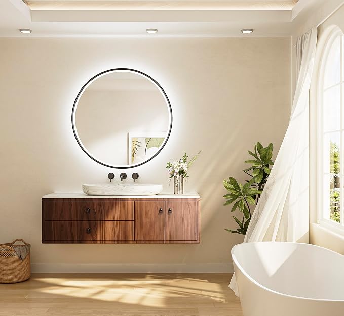 Round Led Lighted Bathroom Mirror Matte Black Frame 36 Inch Front and Backlit Circle Round Light up Vanity Mirror with Lights, 3 Color Illuminated Dimmable Anti Fog Wall Mount, IP54 CRI 90+