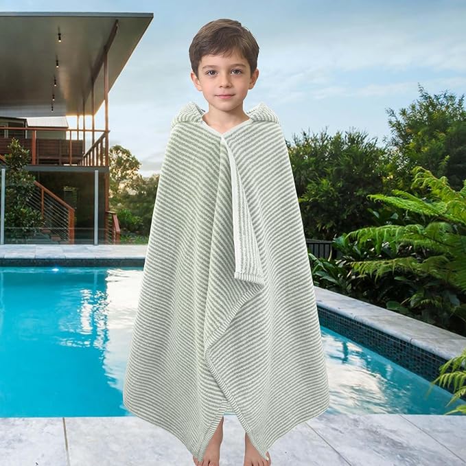 VOOVA & MOVAS Kids Hooded Bath Towel, 6-10 Years, 100% Cotton, Green Stripe | Refined Horizontal Stripes, Thick Plush Fabric, Excellent Water Absorption Performance