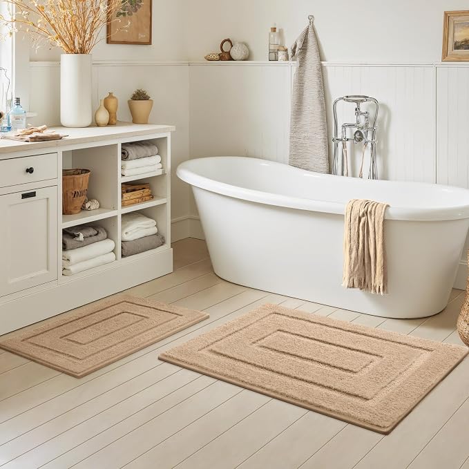 GRANNY SAYS Khaki Bathroom Rugs Set 2 Piece, Non Slip Microfiber Bath Mats | Soft microfiber with TPR backing, fast water absorption, machine washable 2 piece bath rug set for Tub, Shower, Toilet