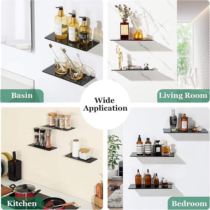 SAYAYO Glass Floating Shelves for Wall, Tempered Glass Shelves for Bathroom | Living Room, Bedroom, Office, Toilet, Kitchen Decor, 12 Inch Set of 3, Black