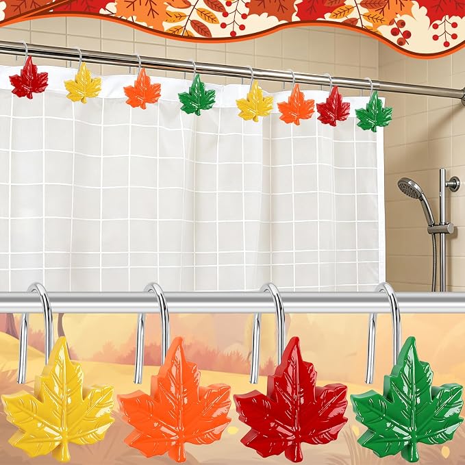 Fall Shower Curtain Hooks 12 Pcs Decorative Maple Leaf Rings Halloween | Resin Metal Standard Size, Smooth Gliding Rust Proof, Autumn Theme 12 Pack, Bathroom Thanksgiving Halloween Decor