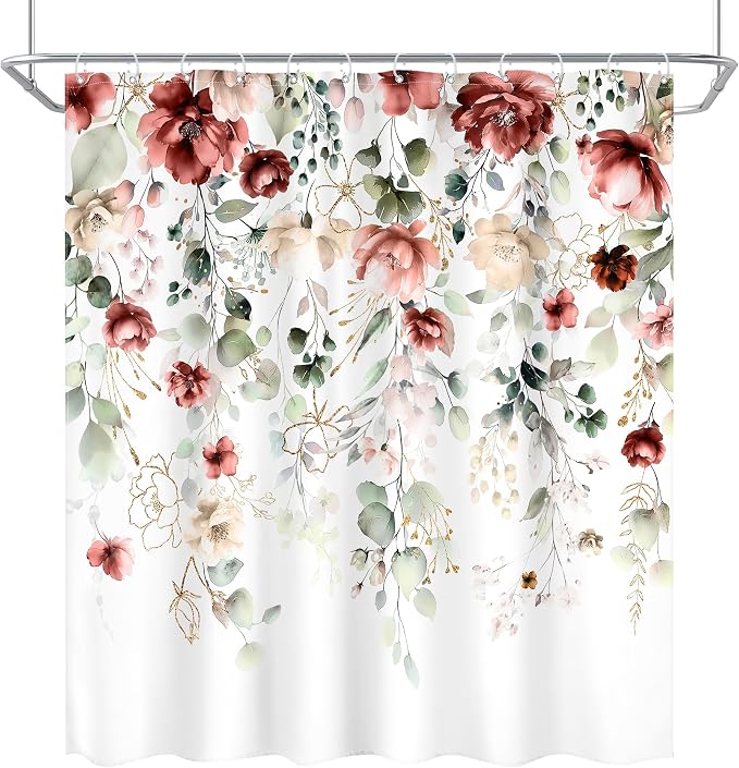 Red Floral Burgundy Rustic Watercolor Plant Bathroom Shower Curtain Set | 72"W x 72"L Flower Green style, clear shower print, fast-dry fabric and hooks for a simple bath update.