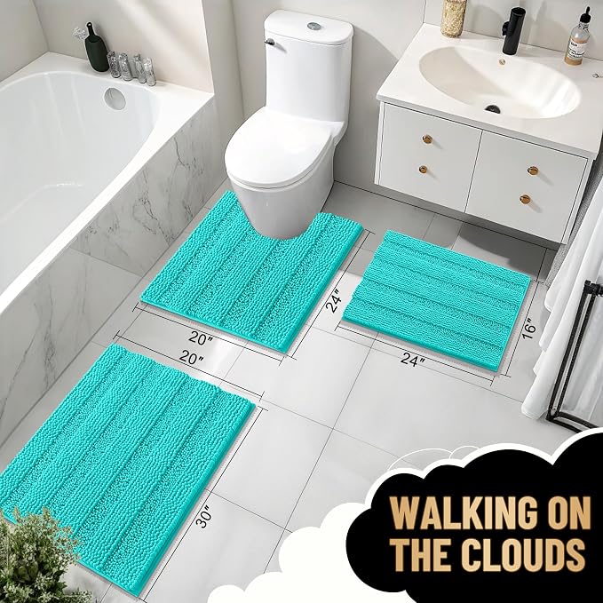 OLANLY Thick Small Bathroom Rugs 24x16, Soft Chenille Bath Rugs, Teal | Rubber Backing, Machine Wash, Extra Absorbent Striped Bath Mats for Bathroom Floor, Tub and Shower, Home Decor Accessories