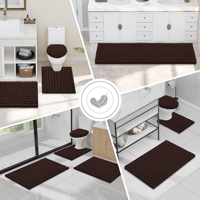 Smiry Bathroom Toilet Rugs U Shaped 24x24, Chenille Bath mats for Toilet | Brown Extra Soft Absorbent Non Slip Rubber Backing Contour Bath Rugs for Toilet, Machine Washable Contoured Bath Mats