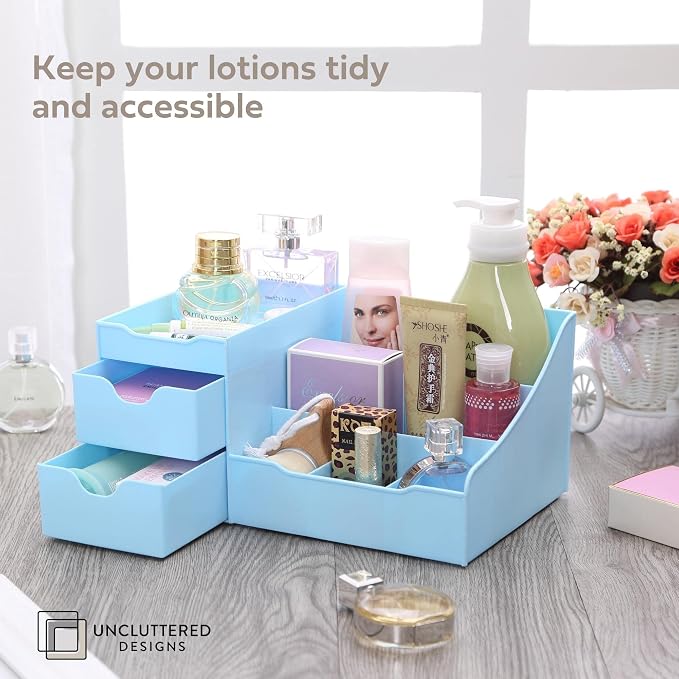 Makeup Organizer With Drawers - Modern Countertop Storage for Cosmetics - Chic Vanity Holder for Cologne, Skincare, Brush, Lipstick, Nail Polish Organization & Display (Blue)