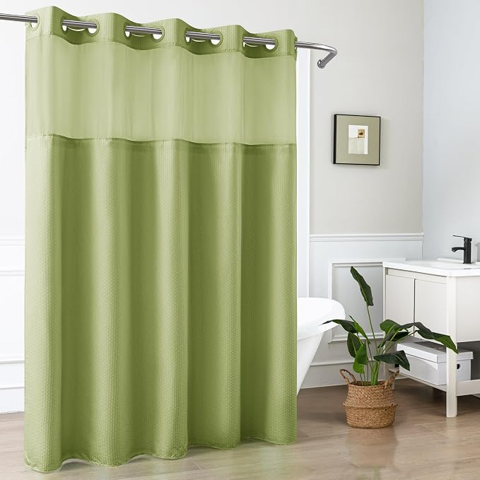 No Hook Shower Curtain with Snap-in Liner, Embossed Waffle Design Fabric Shower Curtain for Bathroom, Soft & Lightweight, 71x74, Sage Green