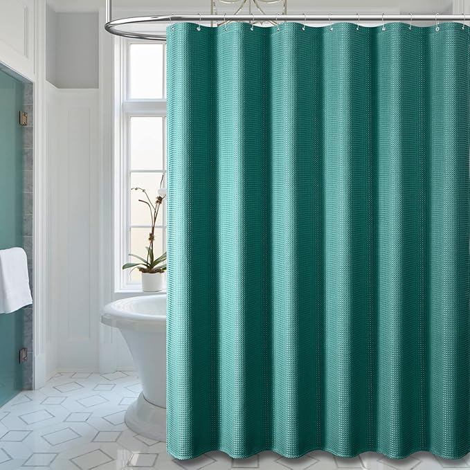 Extra Long Waffle Shower Curtain 256GSM Fabric 72x84 Seaweed Green | 84 Inch Long, Thick Cloth, Weighted Hem, Water Repellent, Tall Hotel Luxury Polyester Shower Curtains for Bathroom 12 Hooks