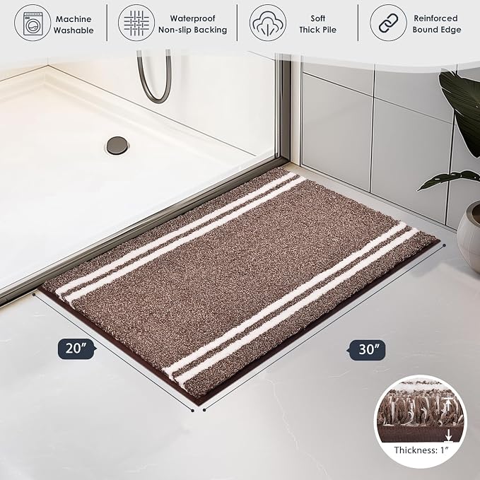 PURRUGS Bathroom Rug, Bath Mat, 20" x 30", Brown | Machine Washable, Non-Slip, Waterproof TPR Backing, Super Absorbent, Quick Dry, Bath Rug for Shower, Bathtub, and Sink
