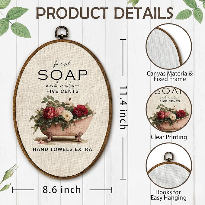 Yjeslw Vintage Rose Floral Bathroom Oval Wall Art Decor, Rustic Farmhouse Canvas Prints Framed, Cottagecore Neutral Flower Bathtub Wall Hanging Decor for Bathroom Washroom Decor, 8.6x11.4 In