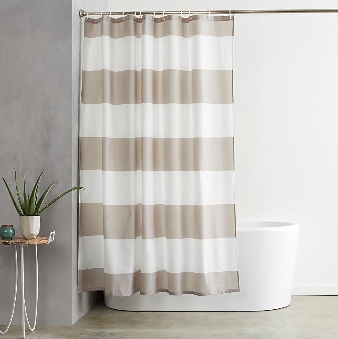 Amazon Basics Bathroom Shower Curtain, Water Resistant Fabric with Rust Proof Grommets & Hooks, Weighted Hem, Machine Washable, 72"x72", Light Brown, Beige