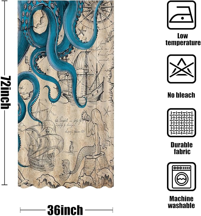 Fungarth Stall Vintage Nautical Octopus Shower Curtain Navy Blue Mermaid Funny Ocean Kraken Shower Curtains for Bathroom Cool Anchor Coastal Map Waterproof Fabric Bath Curtain Decor (Retro, 36” x 72”)