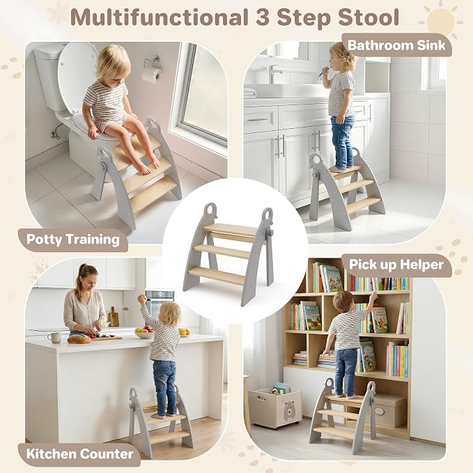 Step Stool for Toddlers & Kids, Bathroom Sink, 3-Step Foldable, Gray | Wooden Bamboo, Cute Elephant Handles, Non-Slip Pads, Potty Training & Kitchen Helper, 300-lb Capacity, Foldable for Storage