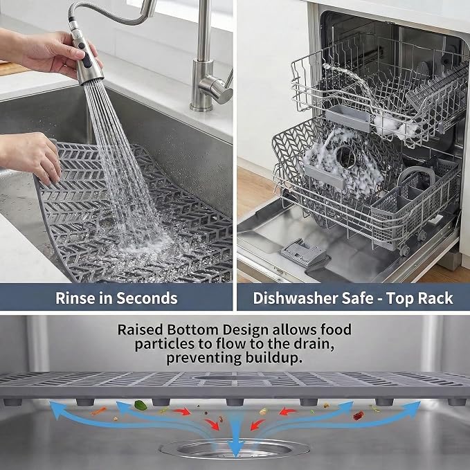 AWOKE Sink Protectors for Kitchen Sink - 26"x 14" Sink Mat - Heat-resistant Easy-clean Silicone Sink Mat - for Protection of Stainless Steel Sink - with Center Drain (Grey),Kitchen Sink Accessories