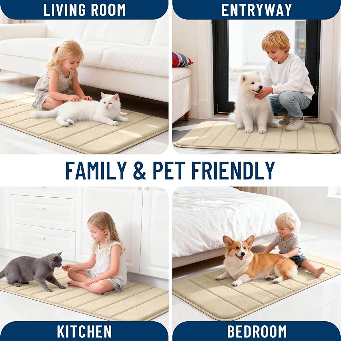 OLANLY Memory Foam Long Bathroom Rugs Runner 44x24, Super Soft Absorbent | Beige, Quick Dry Bath Mat, Machine Washable Shower Floor Rugs, Bathmat Carpet for Bathroom Floor, Tub and Shower