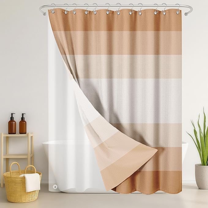 3 in 1 Shower Curtain and Liner,72 x 72 inch, Ombre Beige | Striped Shower Curtain and PEVA Liner Set with 12 Rust-Resistant Metal Hooks, Waterproof Fabric Curtains for Bathroom