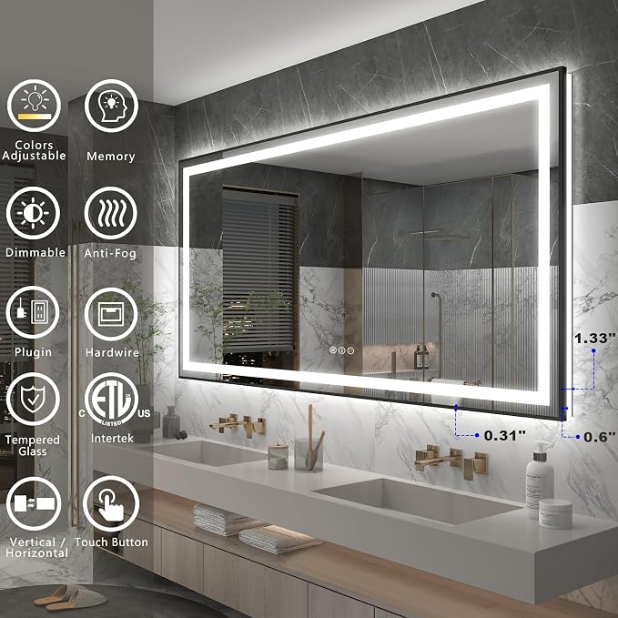 OKPAL 60x36 LED Bathroom Mirror with Lights, Lighted Mirrors for Bathroom Wall, Black Lighted Bathroom Mirror, Dimmable, Anti-Fog, Memory, Shatterproof, ETL Listed (Front Lights and Backlit)