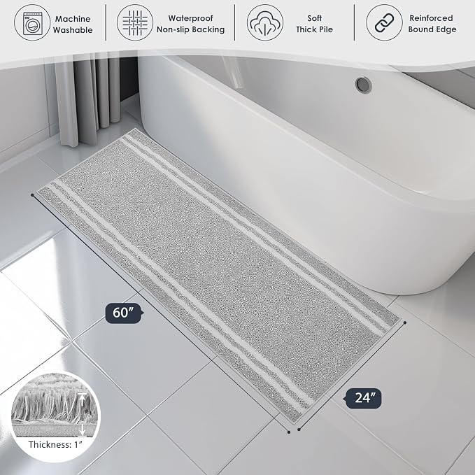 PURRUGS Bathroom Runner Rug, Bath Mat, 24" x 60", Light Grey | Machine Washable, Non-Slip, Waterproof TPR Backing, Super Absorbent, Quick Dry, Bath Rug for Shower, Bathtub, and Sink