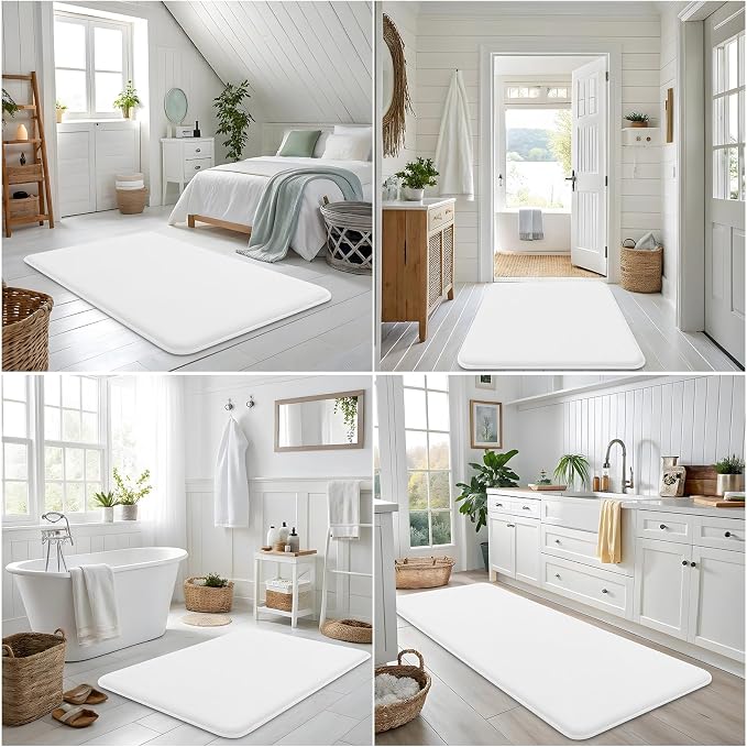Smiry Memory Foam Bath Mat 44x24, Extra Soft and Absorbent Bathroom Rugs | White, Quick Dry Machine Washable Non-Slip Bath Mat for Bathroom Floor, Shower and Tub