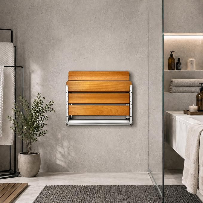 Folding Shower Seat Teak, Folding Shower Seat Wall Mounted, Foldable Shower Chair for Home Care, 450 lbs Capacity (Stainless Steel, 13'' D x 17'' W x 10'' H)