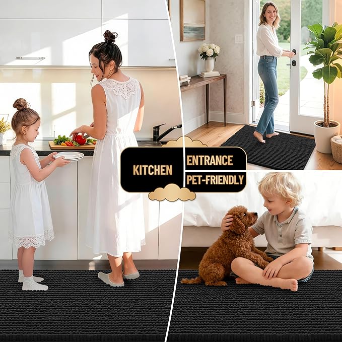 OLANLY Thick Chenille Large Bathroom Rugs 59x35, Absorbent Bath Mat, Black | Soft Bath Rugs, Rubber Backing, Machine Wash Dry, Bath Mats for Bathroom, Tub and Shower, Home Decor Accessories