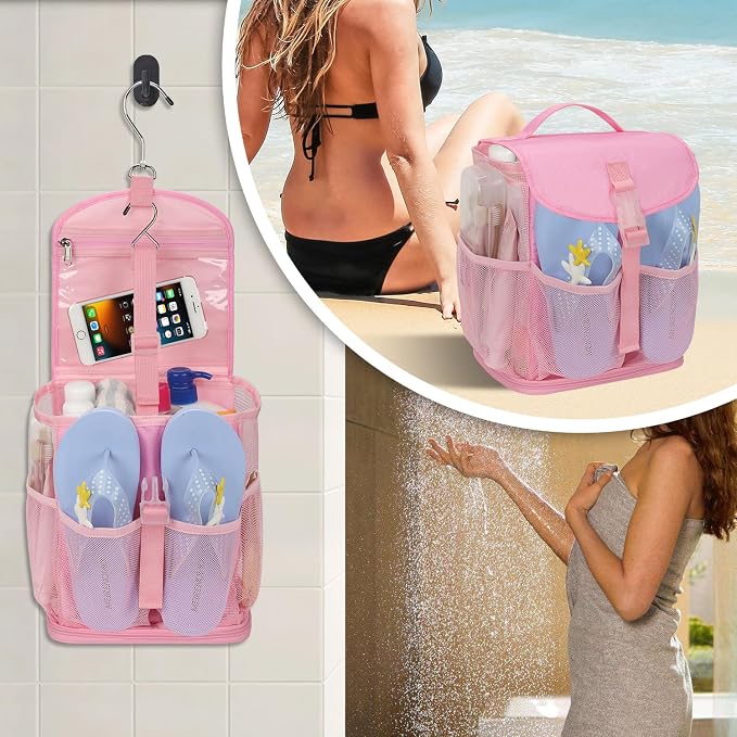Ethereal Pink Hanging Mesh Shower Caddy Portable for College Dorm Room Essentials, Large Capacity Shower Bag for Guys/Girls, for Beach, Swimming, Gym