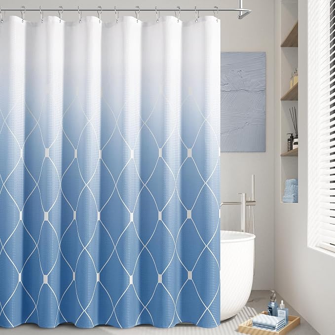 Grey Blue Shower Curtain 78 Inch Long Modern Geometric Blue and White Ombre Shower Curtains Set for Bathroom Luxury Hotel Style Bath Decor, No Need Liner with Hooks Set Washable 72x78