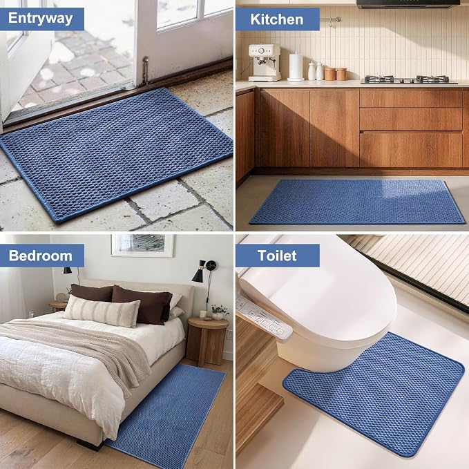 Triohero Toilet Rug, Thin Toilet Rugs U Shaped Washable Non Slip Absorbent Quick Dry Low Pile Toilet Mat, Denim Blue 20"x24" U Shape