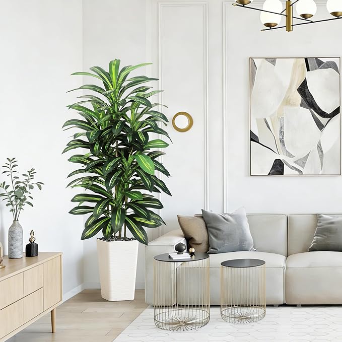 Artificial Dracaena Tree Indoor, 6FT Tall Fake Floor Plants with White Planter & Pebbles, Faux Silk Yucca Tree for Home Office Living Room Bedroom Farmhouse Modern Outdoor Topiary Tree