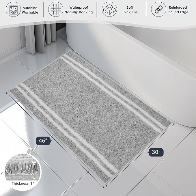 PURRUGS Bathroom Rug, Bath Mat, 30" x 46", Light Grey | Machine Washable, Non-Slip, Waterproof TPR Backing, Super Absorbent, Quick Dry, Bath Rug for Shower, Bathtub, and Sink