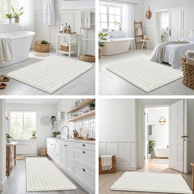 Smiry Bathroom Rugs 30X20, Extra Soft Rubber Backing Chenille Bath Mats | Ivory Machine Washable Non Slip Quick Dry Bath Mats for Bathroom Floor, Tub, Shower, Home Decor Accessories
