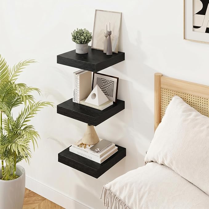 Marsmiles 8in Depth Floating Shelves, 8x8x1.4, Black, Set of 3 | Small Wall Mounted Square Shelves, Engineered Wood, Invisible Brackets, Living Room, Bedroom, Bathroom, Kitchen Decor