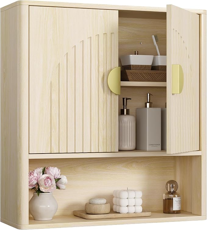 Bathroom Wall Cabinet, Fluted Medicine Cabinet, Natural | Adjustable Wood Shelf, Over The Toilet Storage Cabinet for Laundry Room, Living Room, Rounded Metal Handle, 2 Doors