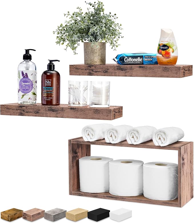 Sorbus Floating Shelves for Wall Set of 3 - Bathroom Shelves for Wall Storage, Over Toilet, Bedroom, Farmhouse, Decor - 2 Floating Shelves with Invisible Brackets & 1 Rectangular Box, Mahogany