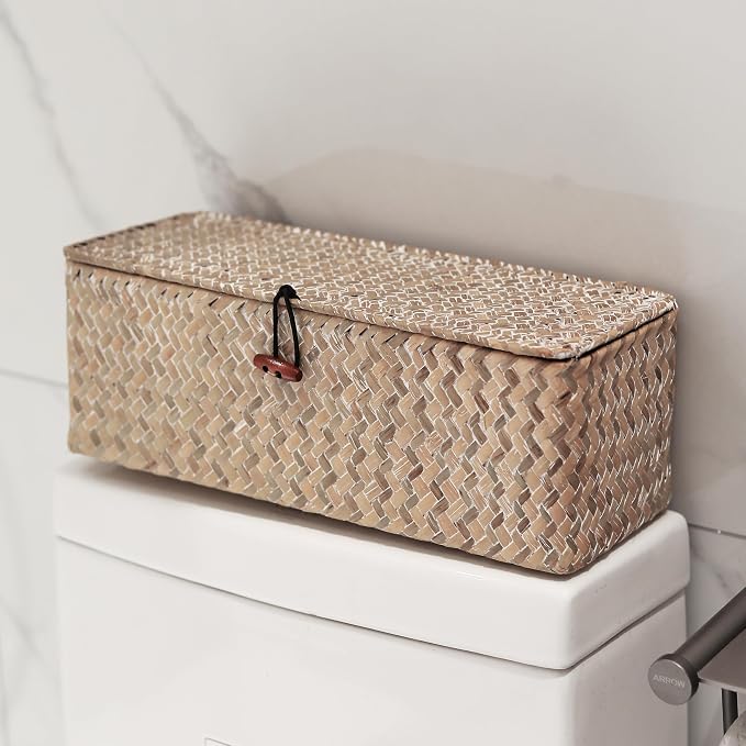 Whitewash Seagrass Tank Basket with Lid Woven Toilet Roll Storage Basket with Sections Rectangular for Organize Snack Toys (Large Compartment 16.5inch L x 5.5inch W x 5.5inch H)