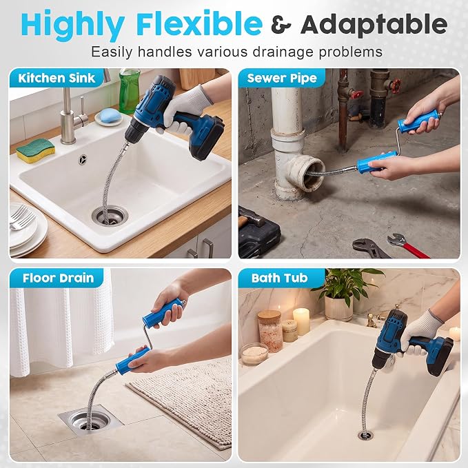 ACOCO 16.4FT Drain Snake, Drain Auger with Drill Attachment, 6 Cutter Heads | 14-in-1 Heavy-Duty Plumbing Snake Drain Clog Remover with 2 Hair Catchers & 2 Brushes for Kitchen Sink, Bathtub and Shower